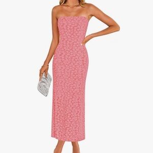 Pink Floral Strapless Midi Dress